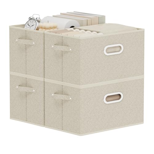 Open Storage Baskets, Collapsible Cube Bins, Fabric Container Organizer with Metal Handles, Boxes for Shelves, Closet, Living Room, 13x9.1x7.9in, Grey and Beige, 4 Pack - color: Beige/Gray, size: 13x9.1x7.9 in(4 Pack)