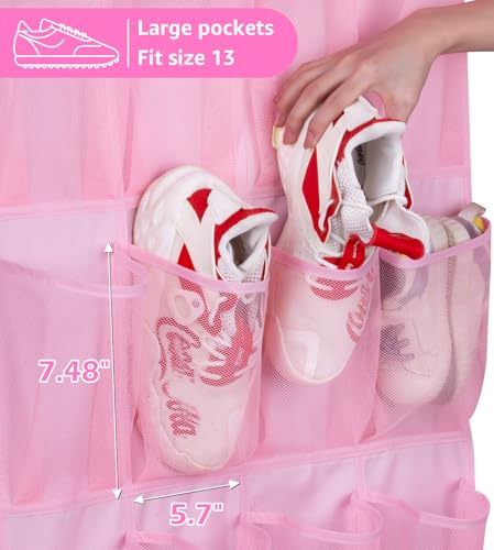 MISSLO Kids Over the Door Shoe Organizer Pink Hanging Shoe Rack Baby Toddler Hanging Shoe Organizer Cute Shoe Holder Girl Room Decor 28 Pockets - color: Pink, size: 22.6x65