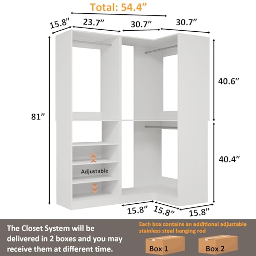 Closet System with 2 Sets, 55" Closet Organizer System with 5 Hanging Rods& Adjustable Shelves,Walk in Closet Corner Free Standing Closet System, Modular Closet System, White