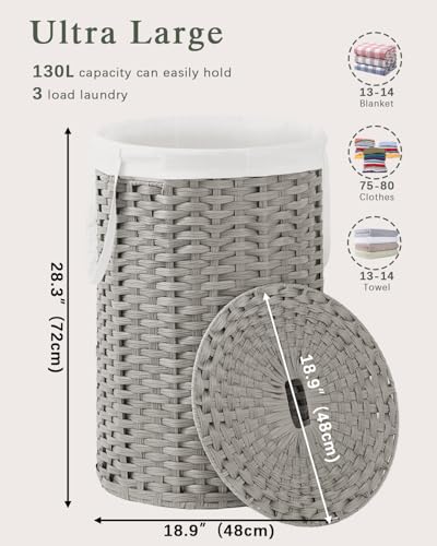 SETVSON Large Laundry Hamper Laundry Basket Round 34.3 Gal (130 L) Handwoven Wicker Laundry Baskets Rattan Laundry Basket with Laundry Bag Handles 2 Mesh Bags for Living Room Bedroom Gray - color: Gray, size: 130L
