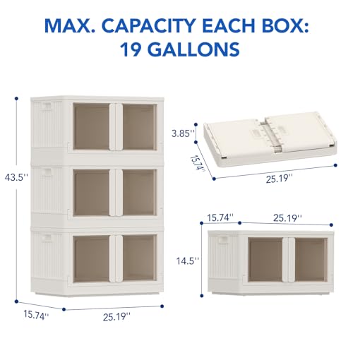 FLEXIMOUNTS 228 QT Stackable Storage Bins With Lids, Collapsible Plastic Storage Bins With Doors and Built-in Wheels For Home Dorm Closet Organizers and Storage, 3 Pack Cubes, Milky White - color: Milky White, size: 76 Qt-3 Pack