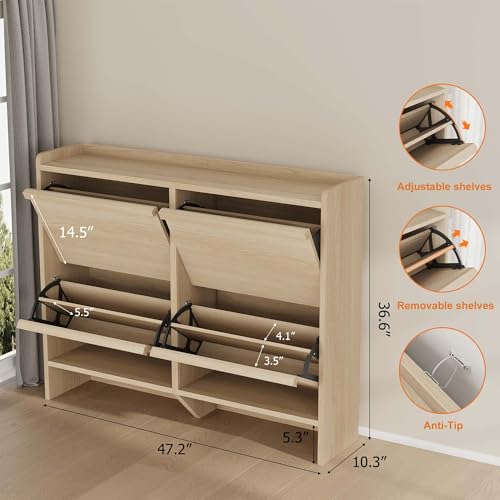 GarveeHome Shoe Cabinet with 4 Flip Drawers, Wooden Shoe Organizer Cabinet with Adjustable Shelf, Shoe Storage for Entryway, Hidden Shoe Cabinet for Hallway, Living Room, Natural Oak - color: Natural Oak, size: 4-Drawers