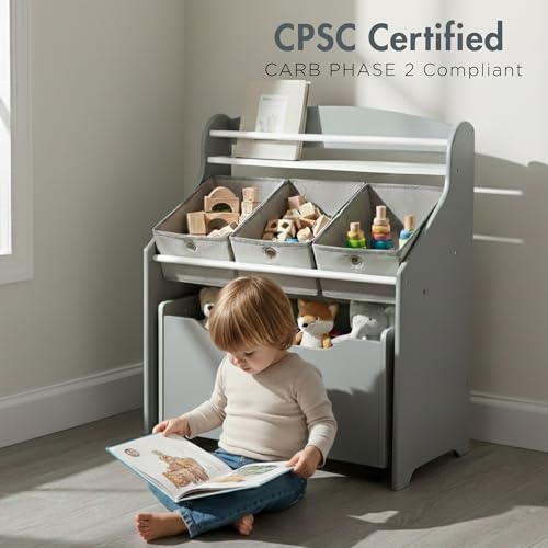 Humble Crew 3-in-1 Kids Bookshelf and Toy Storage Organizer, Grey - Toddler Organizers with Rolling Toy Box and 3 Fabric Bins – Sturdy Baby Book Shelf, Perfect for Nursery and Playroom - color: Grey/Grey