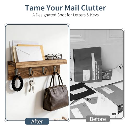 Gulex Key Holder Wall Mount, Rustic Wood Key Holder for Wall with 4 Hooks for Key Hanger to Organize Keys and Mail, Room Decor Key Hanger(Wood Color) - color: Wood color