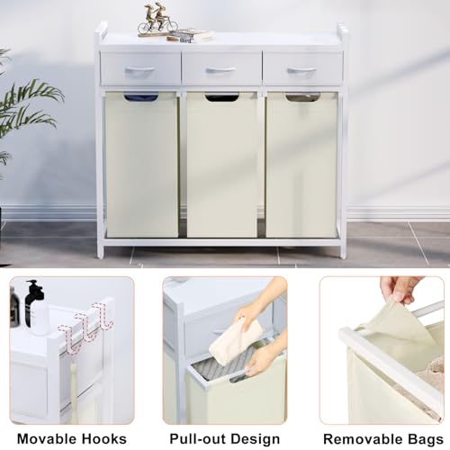 Timberer Laundry Hamper, Laundry Sorter 3 Section, Rolling Laundry Basket with Wheels, 3 Drawers, 3 × 14.5 Gal (55 L), Pull-Out and Removable Oxford Fabric Bags, White and Beige - color: White + Beige, size: 3 Bags (40.7"L x 12.9"W x 39.8"H)