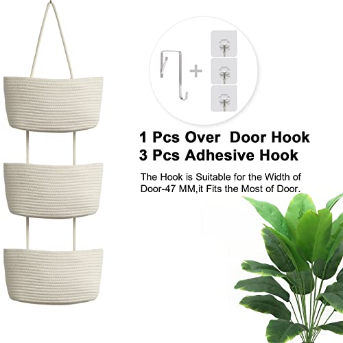 TeoKJ Over the Door Hanging Basket, 3-Tier Woven Cotton Wall-Mounted Storage Organizer Bag Decorative Hanging Nursery Baskets, White - color: White