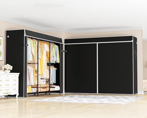 ULIFHOME E14C Pro Heavy Duty Closet Organizer System，Freestanding Clothing Racks for Hanging Clothes，Adjustable Garment Rack 70.1"W × 16.6"D × 76.4"H Hold 960 lbs，Black Rack with Black Dustproof Cover - color: Black Rack With Black Cover