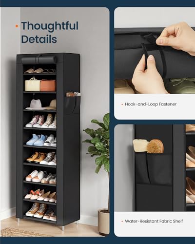 SONGMICS HOME Shoe Rack 10-Tier, Tall Narrow Metal Shoe Organizer with Dust Cover, 11.2 x 19.1 x 63.2 Inches, Vertical Storage Cabinet for Closet Entryway, Black - color: Black, size: 10 Tiers (19.1"W)