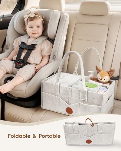Maliton Baby Diaper Caddy, Nursery Storage Bin & Car Organizer with Handle, Large Felt Bag for Newborn essentials Boy or Girl, Changing Table Organizer for Baby Stuff, 15" x 9" x 7" Baby Shower Basket - color: WHITE, size: Large