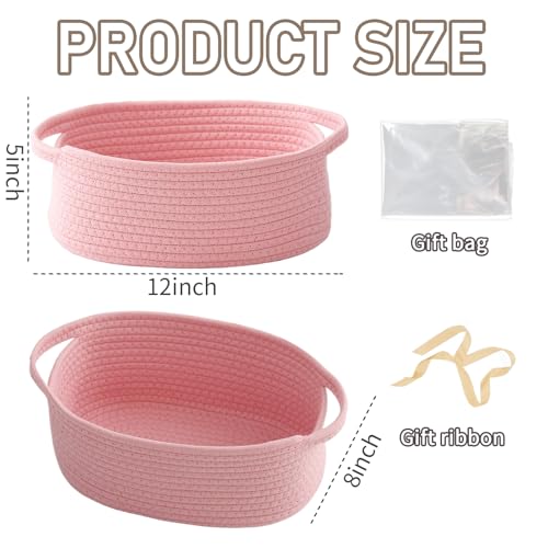 JMvicyroam Woven Basket,Small Rope Storage Bin with Handles & Ribbon Bag, Organizer for Shelves Closets,Gift Basket Empty for Birthday,Books,Dog Toys, Pink - color: Pink, size: 1 Pack