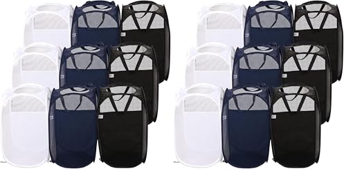 AQQA 9 Pcs Mesh Popup Laundry Hamper Set, Black/White/Blue, Durable Handles, Foldable, Sturdy Mesh Construction, Ideal for Kids, Teens, Adults, College Dorm, Camping, Hotel, Travel (Pack of 2) - color: Black/White/Blue, size: 24x14 (Pack of 2)