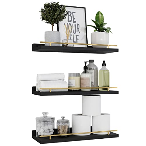 WOPITUES Floating Shelves with Gold Metal Guardrail, Shelves for Wall Decor Set of 3, Wall Shelves for Bedroom, Bathroom, Kitchen, Living Room, Plants, Picture Frames, Art- Black and Gold - color: Black and Gold, size: 15.7 inch