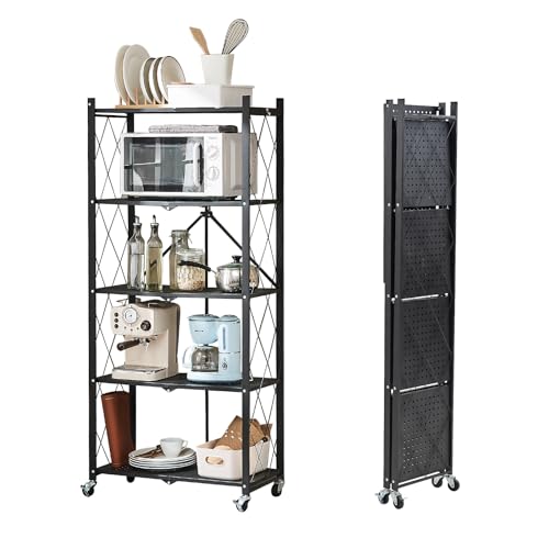 BRIAN & DANY 5-Tier Foldable Storage Shelves with Wheels, Folding Metal Rack Shelving Unit, Heavy Duty No Assembly Organizer Shelf for Garage, Kitchen, Basement, Pantry, Black - color: Black, size: 5-tier