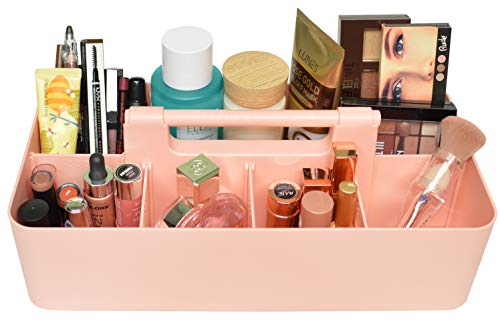 New Plastic Portable Makeup Organizer Caddy Tote Divided Basket Bin with Handle, for Bathroom Storage Made In USA (Indie Pink) - color: Indie Pink