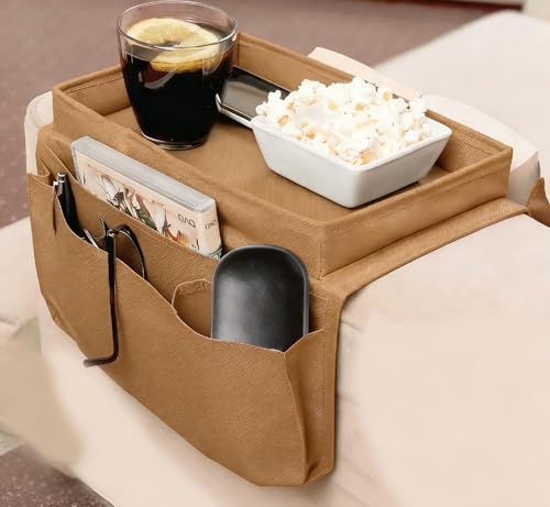 Sofa Armrest Organizer with Spill-Resistant Drink Tray, Multi-Pocket Non-Slip Couch Arm Caddy for Remote Control, Phones, Snacks, Universal Fit for Sofa, Recliner & Armchair - color: coffee