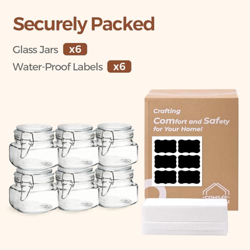 ComSaf Set of 6 Square Glass Jars with Airtight Wire Clamp Lids (17 Oz), Wide Mouth Pantry Canisters for Overnight Oats, Jam, Pickling, Spice Storage, Gifts - size: 17oz*6