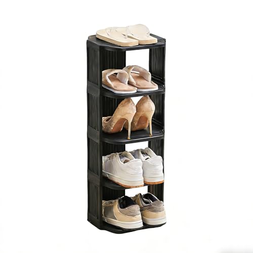 Small Shoe Rack, 5 Tier Plastic Vertical Shoe Rack for Small and Narrow Spaces, Free Standing Shoe Organizer for Closet, Entryway (Black) - color: Black, size: 5 Tier