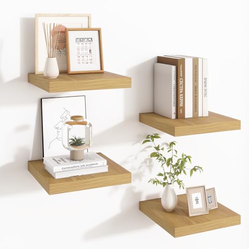 Fun Memories Square Floating Shelves for Wall - 9.3 Inch Deep Floating Shelves with Invisible Brackets, Oak Small Wall Shelf for Living Room, Bathroom, Bedroom, and Kitchen Decor Set of 4 - color: Oak, size: 9.3"W x 9.3"D - 4P