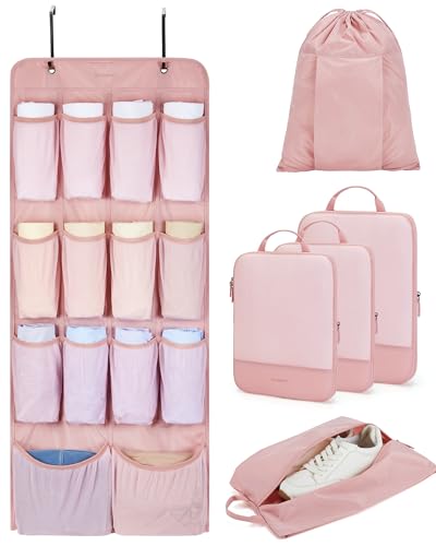 BAGSMART Hanging Compression Packing Cubes for Closet Organizers And Storage, 6 Set Suitcase Organizer Bags Set, Cruise Travel Essentials for Women | Hanging, Compression, Packing Cubes, for Women - color: Baby Pink