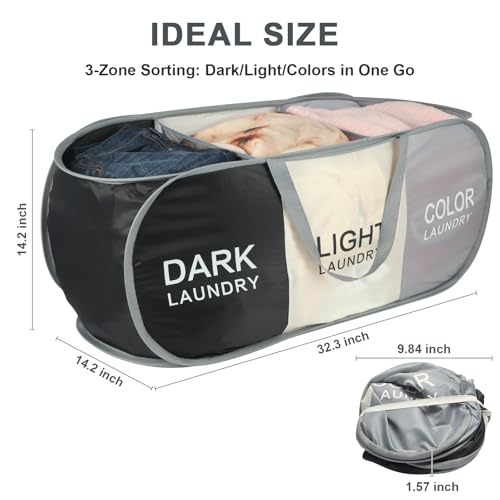 Seefoo 3-Section Foldable Hamper for Laundry, Collapsible Laundry Baskets with Easy Carry Handles, Space-Saving Clothes Pop Up Hamper with Dark/Light/Color Sorting Labels for Home, Travel, Dorm - style: 3 Compartment