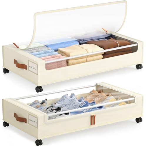 LAMU Under Bed Storage with Wheels, 2 Pack Under Bed Storage Containers with Clear Lid, XXL 60L Underbed Storage Bins, Rolling Under Bed Metal Drawers for Clothes, Blankets, Shoes, Beige - color: Beige, size: 2 Pack
