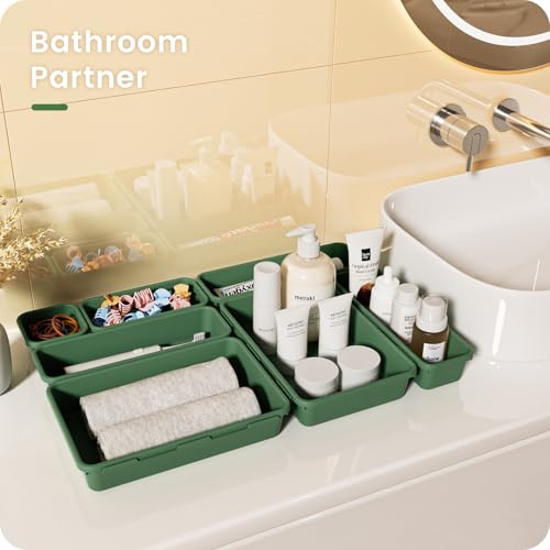A-LuGei 【𝟮𝟴𝗣𝗖𝗦】 【𝟱𝗦𝗶𝘇𝗲】 ArmyGreen Drawer Organizer, Makeup organizer, 【Holds 177 Items】 Bathroom Organizers and Storage, Plastic Desk Organizer Divider, Organizer Bins for Office Vanity - color: Deep Green