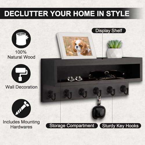Key and Mail Holder Wall Mount, Key Hanger with Long Storage Box and 6 Hooks for Coat, Dog Leash, Home Decor Rack, House Accessories, Entry Way Organizer (Black) - color: Black