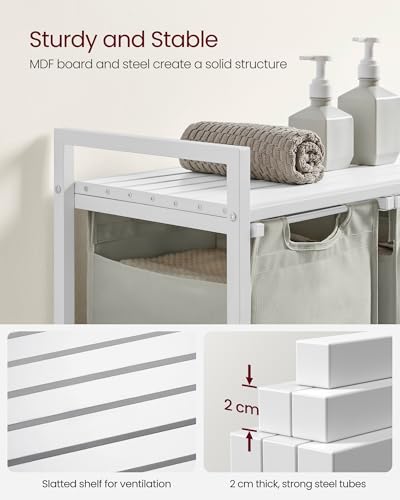 VASAGLE Laundry Hamper, Laundry Basket, Laundry Sorter with 3 Pull-Out and Removable Bags, Shelf, Metal Frame, 3 x 10.6 Gallons (40 L), 36.4 x 13 x 28.4 Inches, Cream White and Cloud White UBLH301W01 - color: Cream White + Cloud White, size: 3 Bags - 120