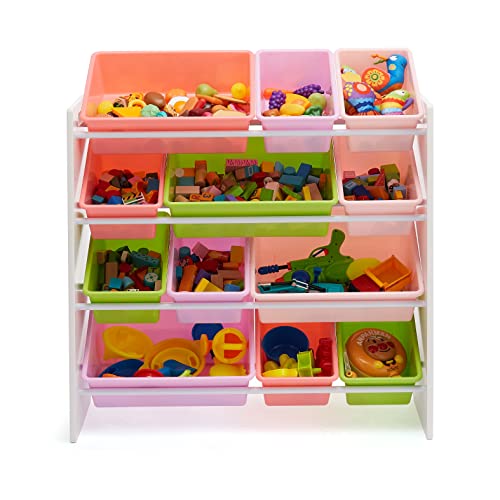 Amazon Basics Kids Toy Storage Organizer with 12 Plastic Bins, White Wood with Pink Bins, for Bedroom and Playroom, 33.85"D x 12.79"W x 35.42"H - color: White Wood With Pink Bins