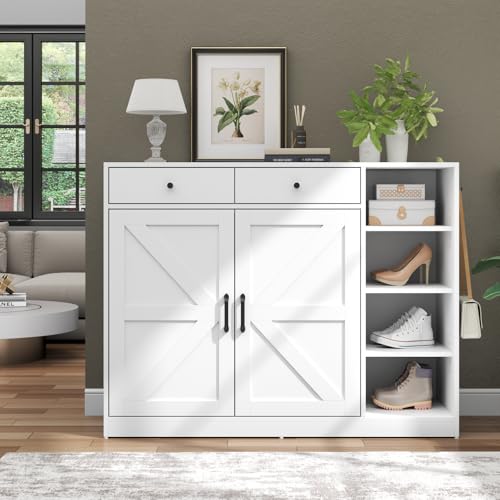 Loomie 5-Tier Shoe Cabinet with 4 Side Cubbies, Farmhouse Shoe Rack Cabinet with 6 Adjustable Shelves & 2 Drawers, Freestanding Shoe Storage Cabinet with 4 Brackets & 2 Hooks for Entryway (White) - color: White