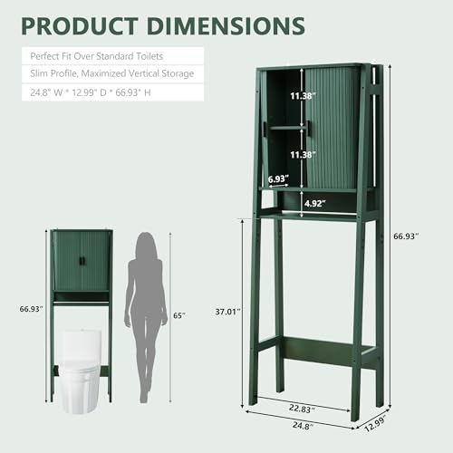 weselon Over the Toilet Storage Cabinet with Fluted Sliding Doors, Bathroom Space Saver Organizer, Freestanding Over Toilet Storage Rack for Small Bathroom, Wall-Anchored Wooden Cabinet (Green) - color: Green