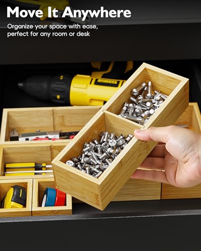 6PCS Desk Drawer Organizer Tray with 12 Compartments – Bamboo Office Storage Boxes Set for Junk Drawer Supplies, Utensils, Cosmetics, Jewelry and More - size: 12 Compartments