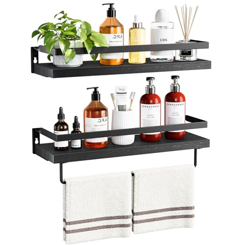 AMADA HOMEFURNISHING Bathroom Shelves with Towel Bar, Floating Shelves, Wall Shelves for Bathroom/Living Room/Kitchen/Bedroom, Black, Set of 2 - AMFS01B - color: Black