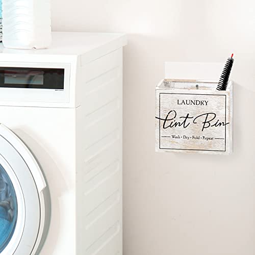 J JACKCUBE DESIGN Magnetic Lint Bin for Laundry Room, Lint Basket Container, Trash Can Box, Organizer, Storage for Washer and Dryer Supplies- White Washed Rustic Wood Wall Mount- MK904A