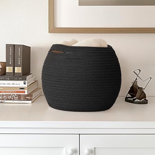 MEGASKET Black Woven Storage Basket, 11" x 9" Indoor Plant Basket for Decor, Decorative Small Cotton Rope Bin for Organizing Pet Toy, Gifts, Towel, Cloth, Socks, Wicker Planter Holder, Modern Shoe Bin - color: Black