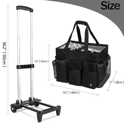 Extra large Rolling Cleaning caddy bag Built-in Hard Support Board,Cleaning Cart with Detachable Trolley, Housekeeping Cleaning caddy with Adjustable Shoulder Strap and Multiple Storage Pockets - color: Black