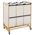 STO STO 3-Section Laundry Sorter with Bamboo Frame, Rolling Laundry Hamper Basket with Removable Bags and Lockable Wheels, Laundry Cart for Clothes Storage in Bedroom & Laundry Room, Beige - size: 3-Section