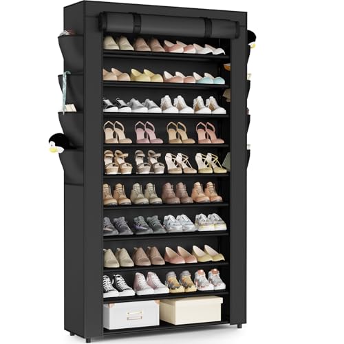 Mavivegue Shoe Rack with Cover, 10+1 Tier Tall Shoe Storage for 50-55 Pairs of Shoes, Shoe Organizer for Entryway, Closet - color: Black, size: 10-Tier-Large