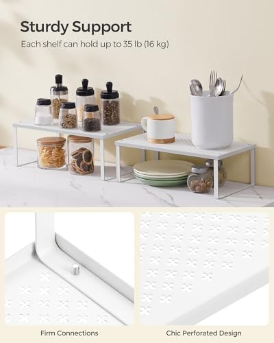 SONGMICS Spice Racks, Set of 2 Metal Cabinet Shelf Organizers, Countertop Organizers, Shelf Risers, Stackable, Expandable, White UKCS401W01 - color: White, size: 9"D x 15.7"W x 6.1"H + 8.6"D x 15.7"W x 5.4"H
