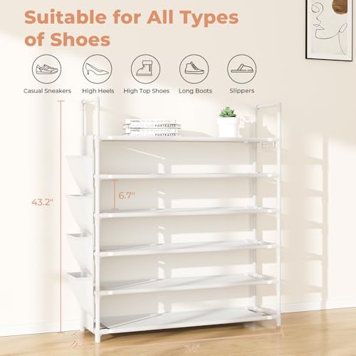 LANTEFUL 6 Tier Shoe Rack Storage for 24-30 Pairs Shoe and Boot, Shoe Organizer with Hook and Side Pocket Free Standing Long Shoe Shelf Tall Shoe Rack Organizer for Closet, Entryway, Dorm, White - color: White