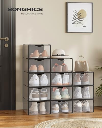 SONGMICS Shoe Boxes, Shoe Storage Organizers Rack for Closet, Plastic Stackable Sneaker Containers Case, 12 Pack, Transparent and Ink Black ULSP312B01 - color: Transparent + Ink Black, size: 12 Count Fit Size 11