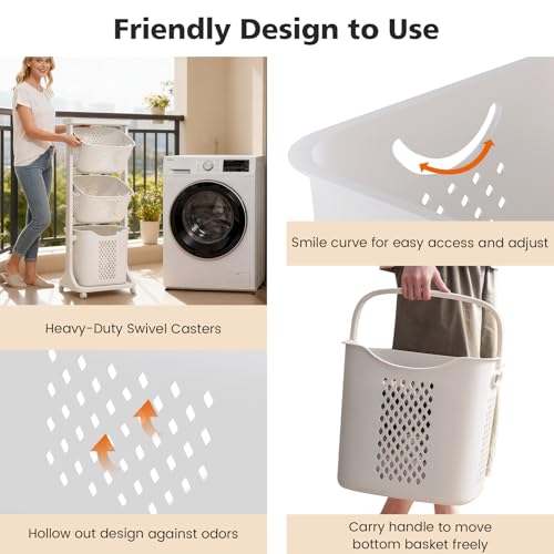 BAOKALER Rolling Laundry Hamper Cart with Wheels, 3 Tier White Laundry Baskets, Clothes Hamper with Portable Storage Baskets for Kitchens, Bathrooms, Bedrooms, Classrooms, Laundry Rooms(75L) - size: 3-layer