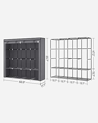 SONGMICS Portable Closet, Wardrobe Closet Organizer with Cover, 4 Hanging Rods and Shelves, 4 Side Pockets, 66.9 x 17.7 x 65.7 Inches, Large Capacity for Bedroom, Living Room, Gray URYG094G02 - color: Grey, size: 4 Tiers（66.9"L）