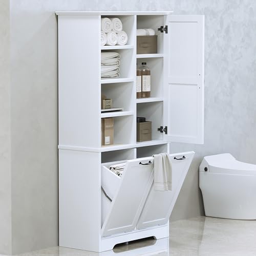 Merax Tall Storage Cabinet with Door and Open Shelf, Multi-Functional Laundry Hamper Basket for Home Bathroom, Laundry Room, White - color: White
