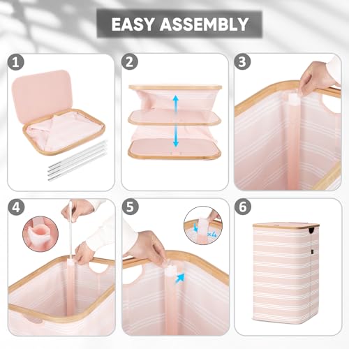 BALEINE Laundry Hamper with Lid, Tall Laundry Baskets with Bamboo Pull Handles, Large Laundry Bin with Internal Support (18 Gal/70L, Pink Pinstripe) - color: Pink Pinstripe, size: 70 liters