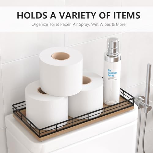 Toilet Paper Basket Organizer – Acacia Wood Toilet Tank Tray with Metal Frame, Bathroom Counter Top Storage for Toilet Paper, Wipes & Decor, Modern Narrow Back of Tank Shelf Organizer, Black & Acacia - color: Black & Acacia, size: 13" x 6.5" x 2"