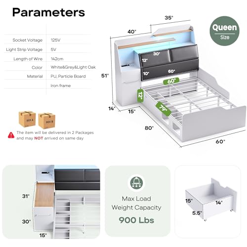 Kikihouse Queen Size Platform Bed with Foldable Desk & Storage Headboard | Bookshelf, 4 Drawers, LED Lights, USB Ports, No Box Spring Needed, Space-Saving - size: Queen