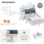 Kikihouse Queen Size Platform Bed with Foldable Desk & Storage Headboard | Bookshelf, 4 Drawers, LED Lights, USB Ports, No Box Spring Needed, Space-Saving - size: Queen