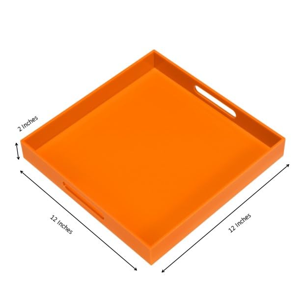 KEVLANG Orange Sturdy Acrylic Serving Tray with Handles-12x12Inch-Serving Coffee,Food,Breakfast,Butler-Kitchen Countertop Tray-Makeup Drawer Organizer-Vanity Table,Ottoman Tray-Decorative Tray - color: Glossy Orange, size: 12" x 12" x 2"