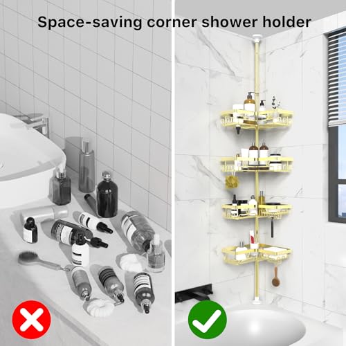 KEGII Corner Gold Shower Caddy Tension Pole - 4-Tier Rustproof Shower Rod Organizer, Floor to Ceiling Tension Rod 25-114.2 inch, Stainless Steel Corner Shower Shelf, Waterproof - style: Tension Caddy - Gold